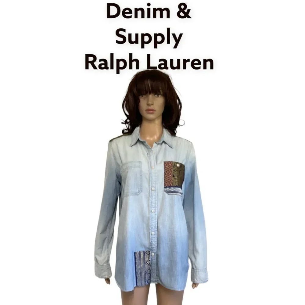 Denim & Supply Ralph Lauren sand wash denim gold foil brocade cotton shirt M